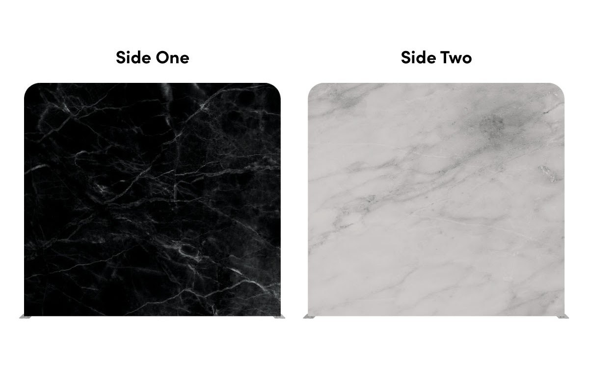 The reversible backdrop shown both ways: Side One black marble and Side Two white marble